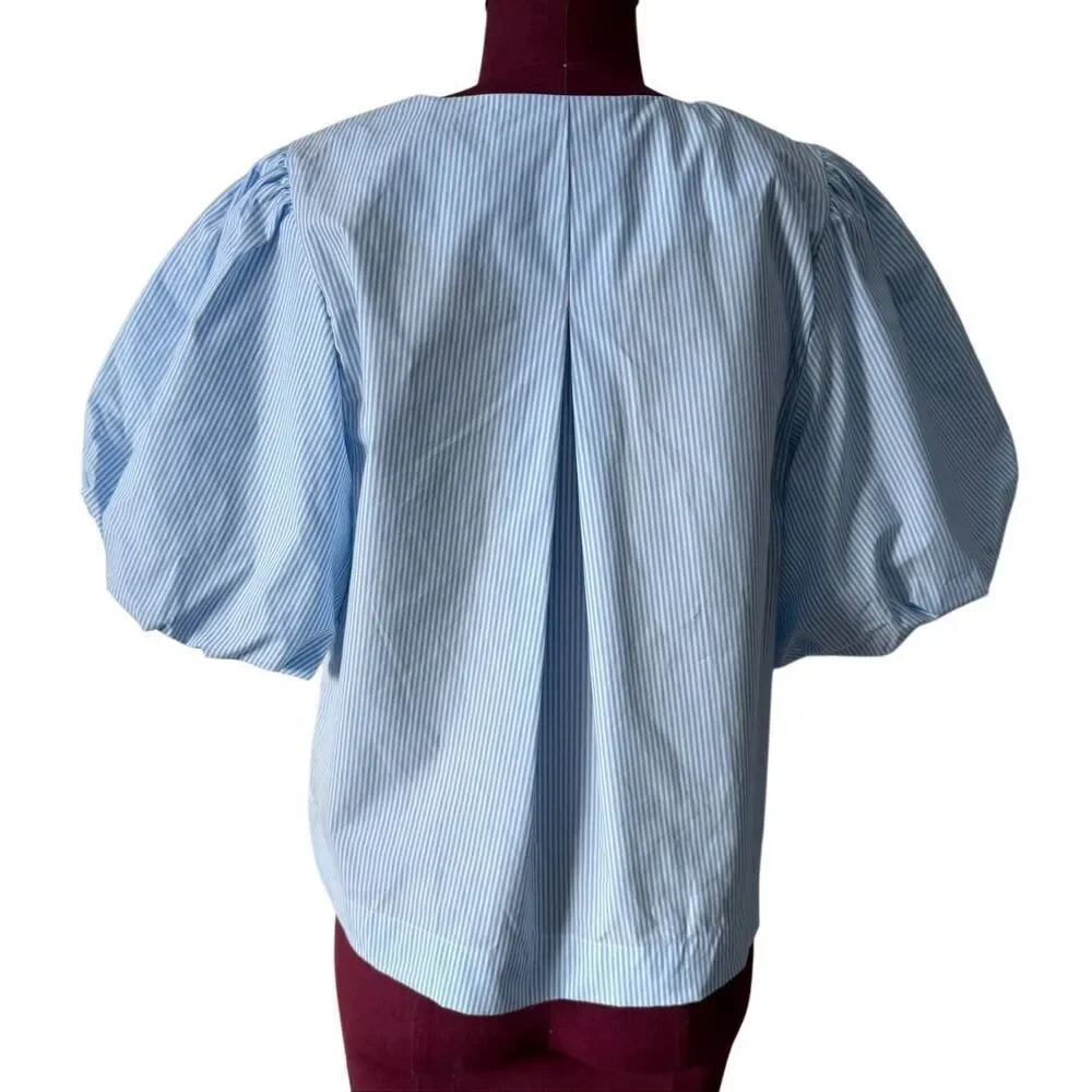 Kate Spade Striped Puff Sleeve Top Small White Blue Bow Tie - Picture 4 of 9